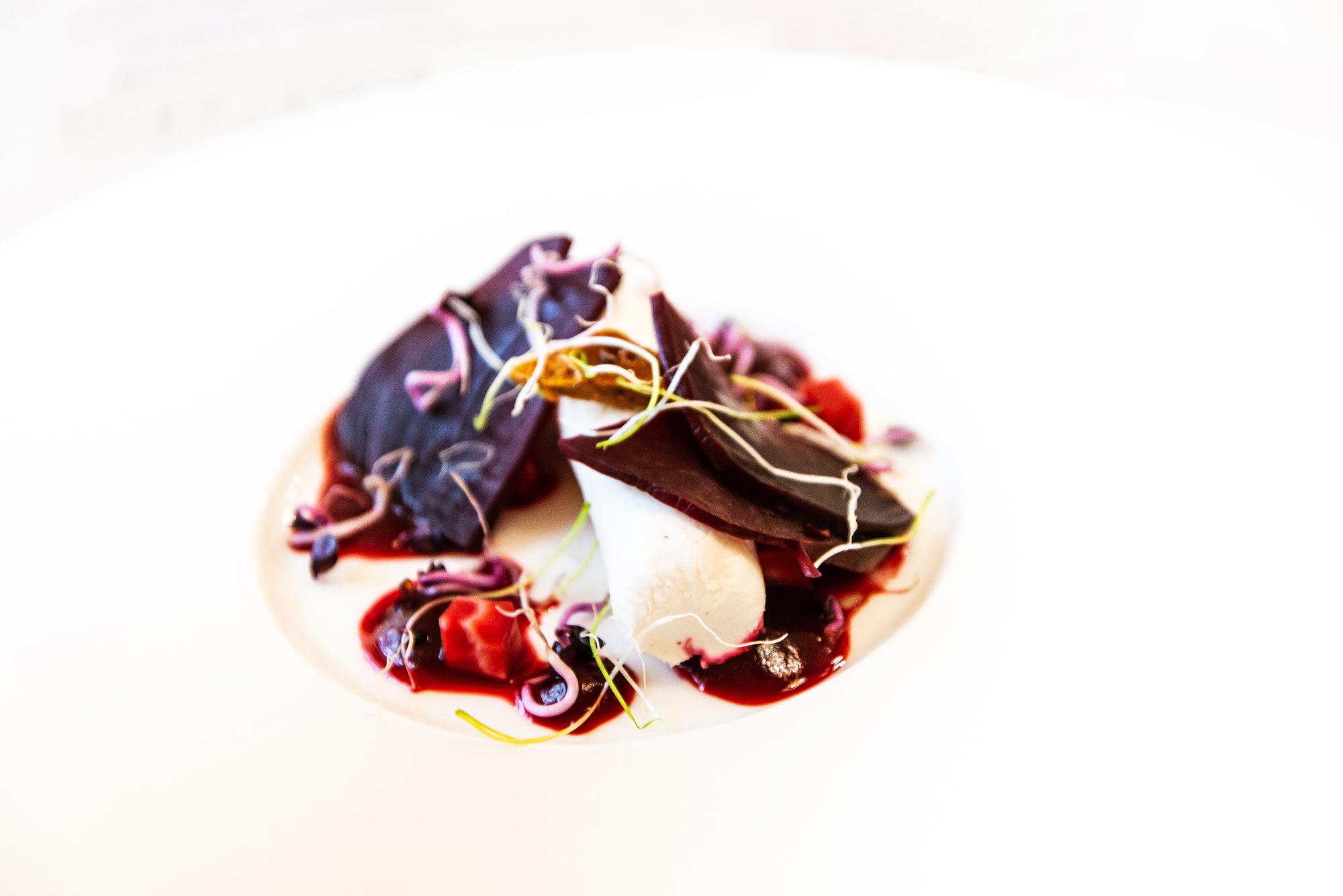 Close-up plated dessert with sauce